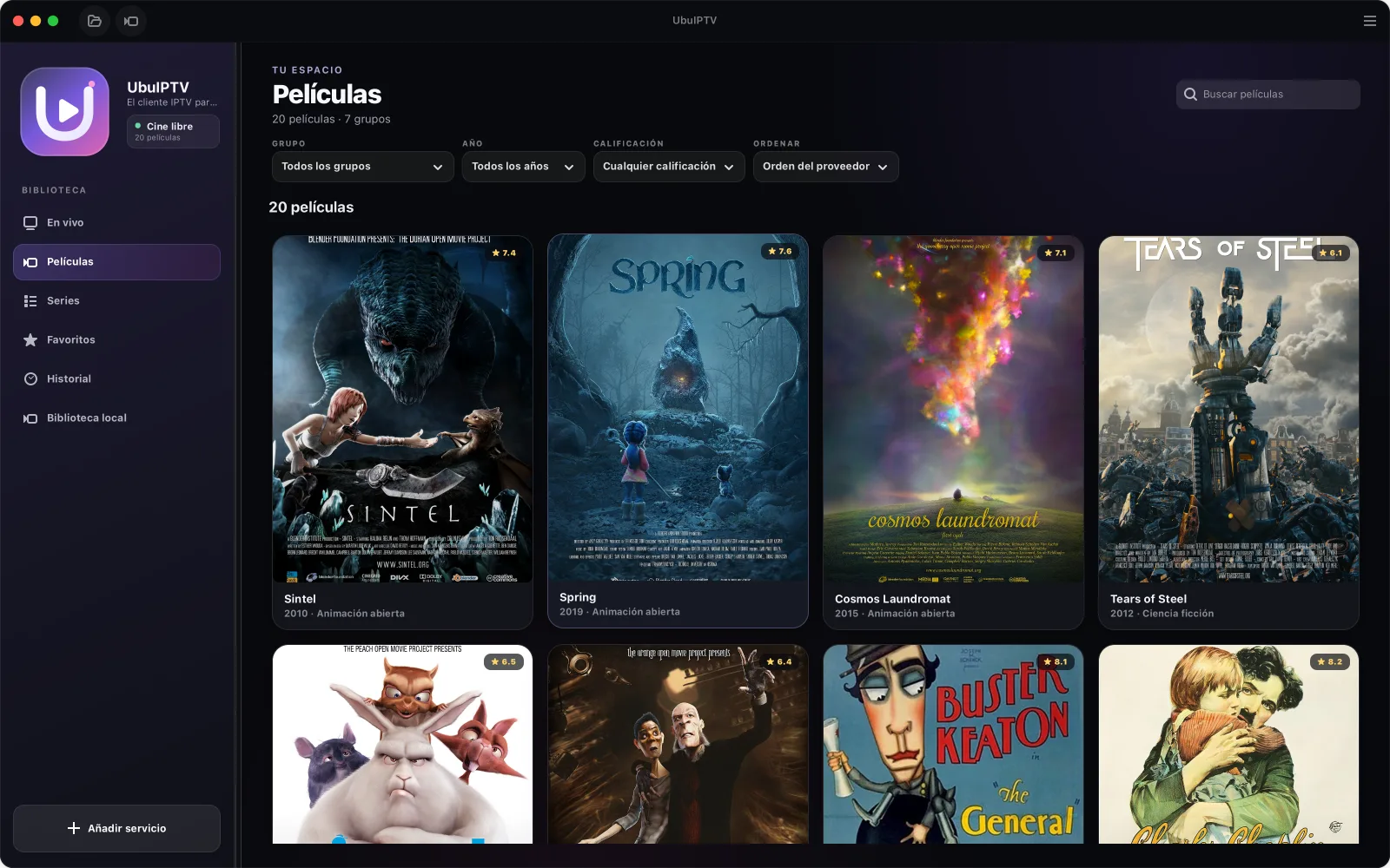 UbuIPTV en un Mac mostrando la sección Películas: una cuadrícula de carteles con su año, su grupo y su calificación, y la barra lateral con En vivo, Películas, Series, Favoritos, Historial y Biblioteca local.